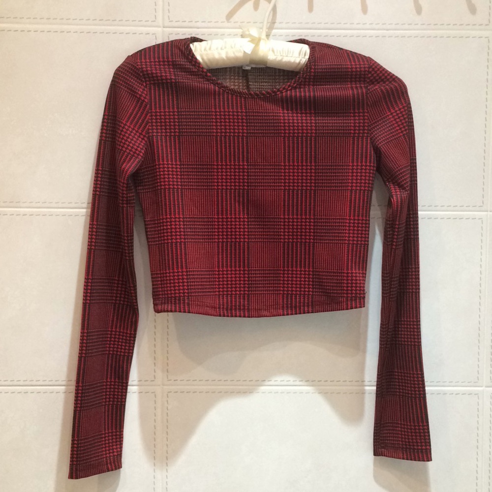Red & Black Mixed Houndstooth Check Crop Top